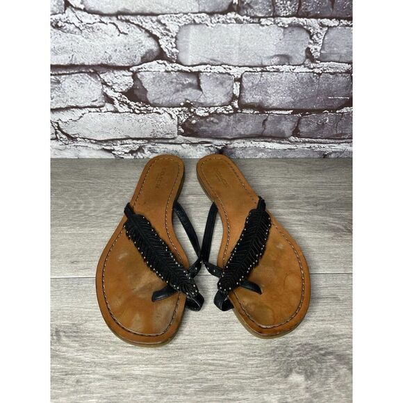 Coach New York DENI Black Leather Feather Thong Flat Sandals Women Sz 8B US/38EU - Picture 3 of 16